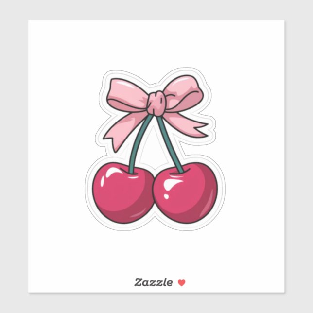 Cute Pink Cherry with Bow Sticker - Kawaii Aesthet (Feuille)