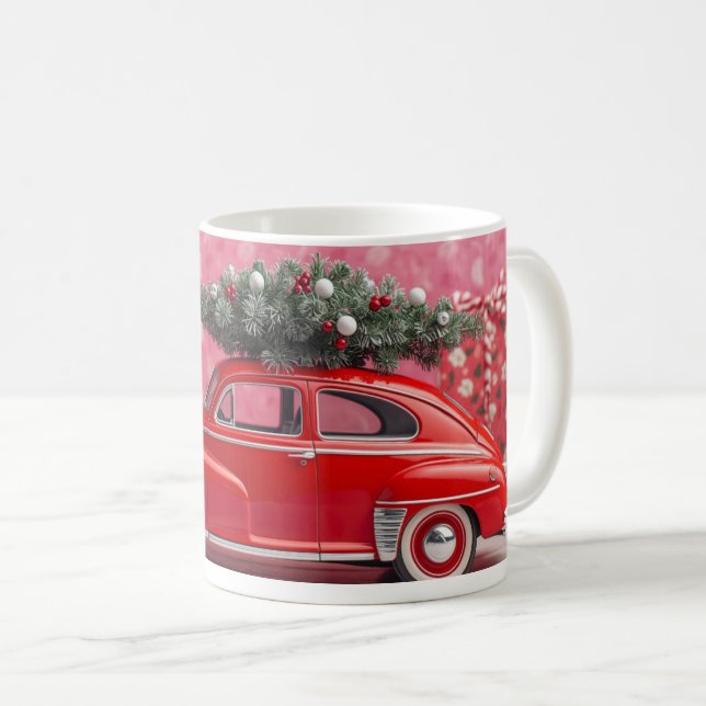 “Cute Pink Christmas Mug – Red Car & Tree Holiday  (Devant droit)