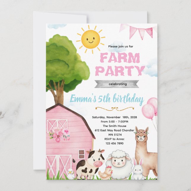 Cute pink farm barnyard invitation (Devant)