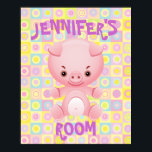 Cute pink pig  kids poster<br><div class="desc">Pink Pig in a kawaii style with bright retro pastel circle patterned background,  customizable with childs name. Great for giving the kids room a special feel. sgb01</div>