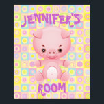 Cute pink pig kids poster<br><div class="desc">Pink Pig in a kawaii style with bright retro pastel circle patterned background, customizable with childs name. Great for giving the kids room a special feel. sgb01</div>