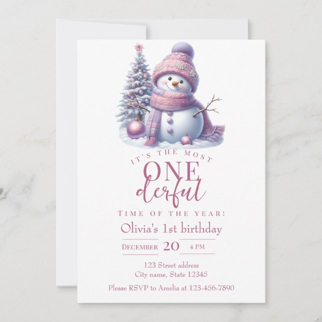 Cute Pink Snowman Winter Birthday Invitation (Devant)