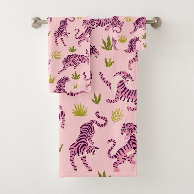 Cute Pink Tigers Tropical Leaves Abstract Animal (En situation)