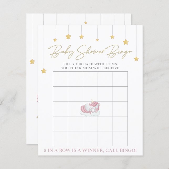 Cute Pink Unicorn Baby shower Bingo Jeu (Devant / Derrière)