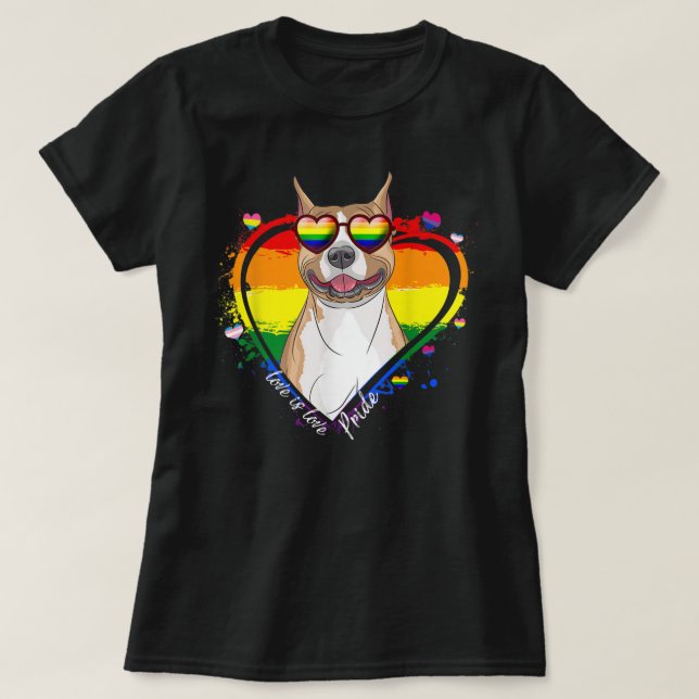 Cute Pitbull Rainbow Heart Gay pride LGBT Tshirt D (Design devant)