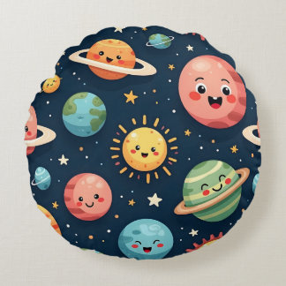 Cute Planètes Kawaii Space Coussin rond