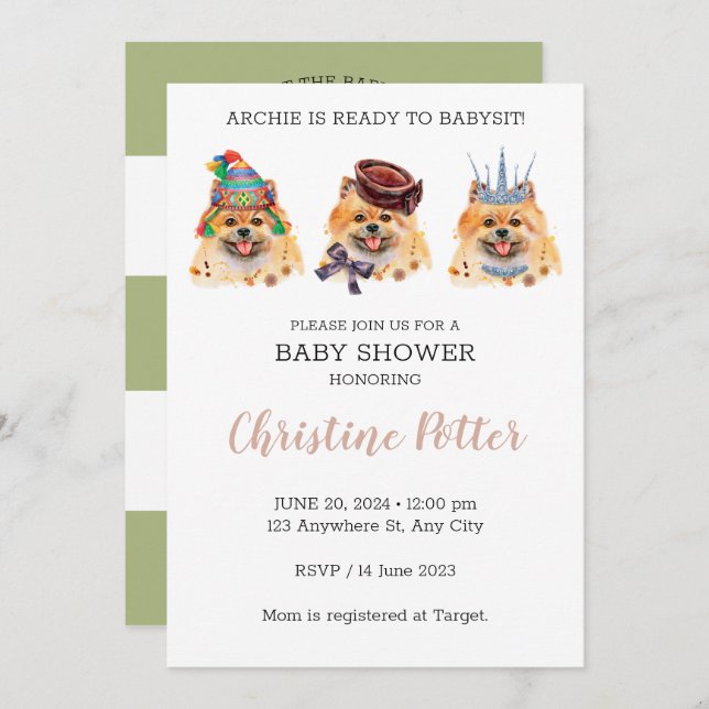 Cute Pomeranian thème Baby shower Invitation (Devant / Derrière)