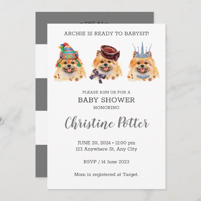 Cute Pomeranian thème Baby shower Invitation (Devant / Derrière)