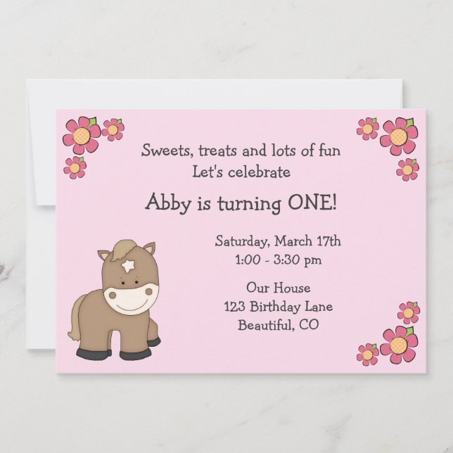 Cute Pony 1er anniversaire Invitation pour les fil (Devant)