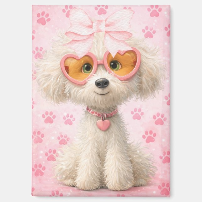 Cute Poodle with Pink Paw Prints and Bow Magnet (Recto)