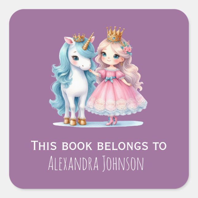 Cute Princess & Unicorn Lavender Enfants Étiquette (Devant)