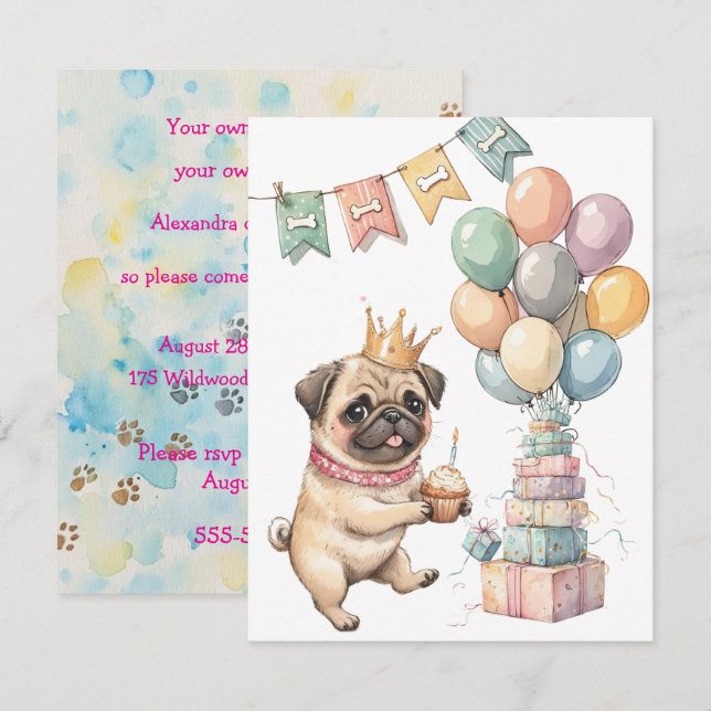 Cute Pug Digital Download Party Invitation (Devant / Derrière)