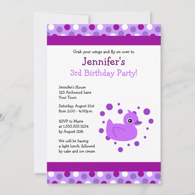 Cute Purple Ducky avec Pois Invitation d'anniversa (Devant)