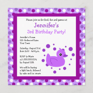 Cute Purple Ducky avec Pois Invitation d'anniversa
