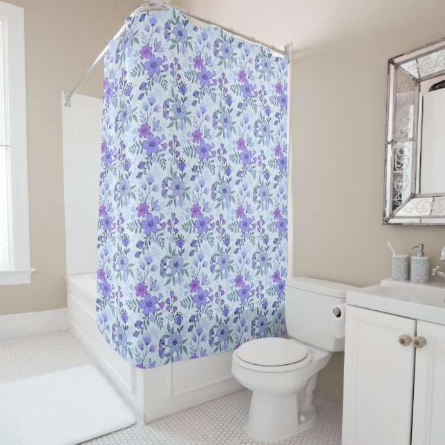 Cute Purple Main Tirée Floraux Douche Rideau (En situation)