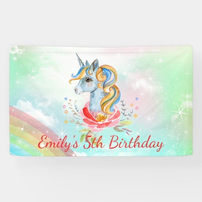 Cute Rainbow Unicorn 5e anniversaire bannière de f (Horizontal)