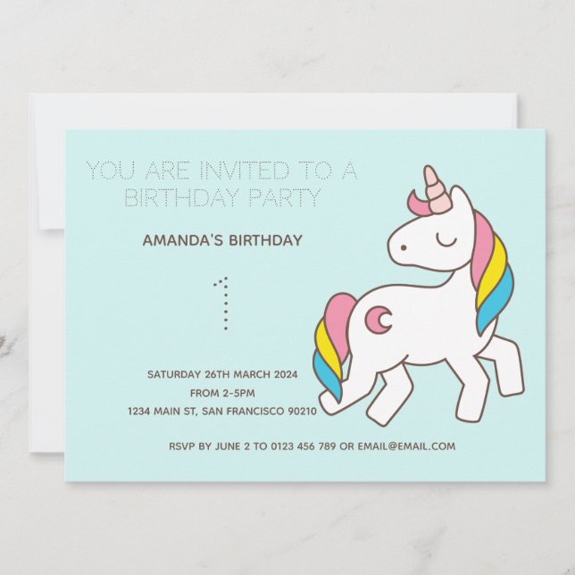 Cute Rainbow Unicorn Anniversaire Fête Invitation (Devant)