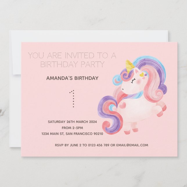 Cute Rainbow Unicorn Anniversaire Fête Invitation (Devant)