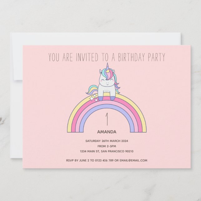 Cute Rainbow Unicorn Anniversaire Fête Invitation (Devant)