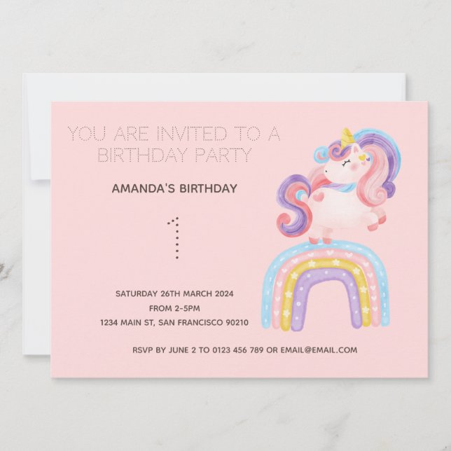 Cute Rainbow Unicorn Anniversaire Fête Invitation (Devant)