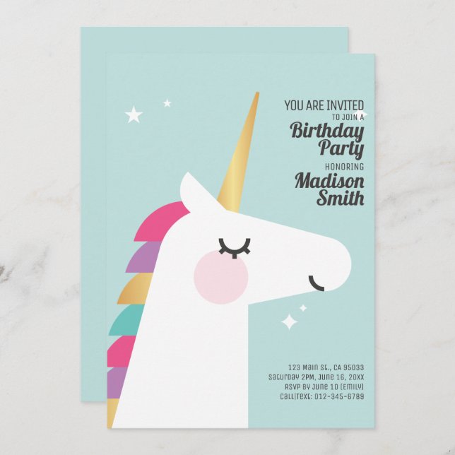 Cute Rainbow Unicorn Anniversaire Fête Invitation (Devant / Derrière)