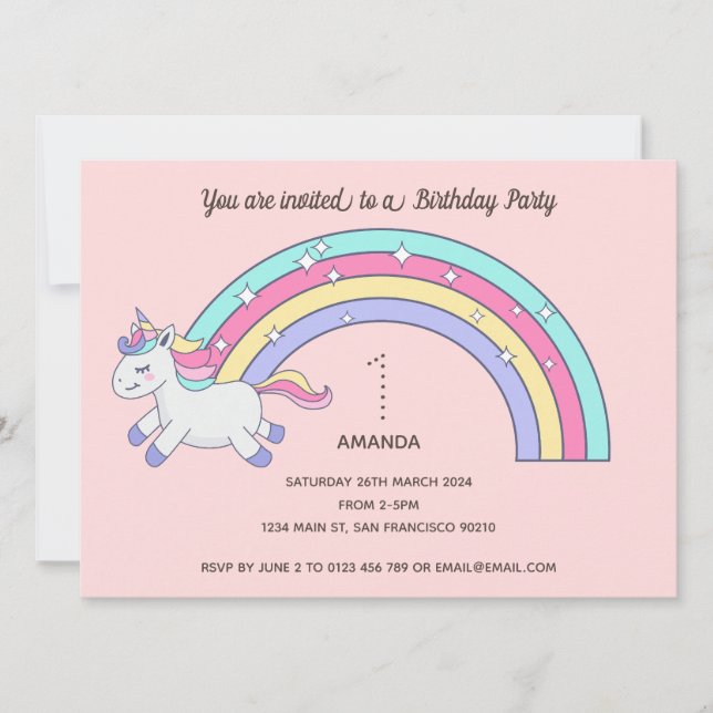 Cute Rainbow Unicorn Anniversaire Fête Invitation (Devant)