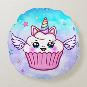 Cute Rainbow Unicorn Cupcake Kawaii Coussin rond