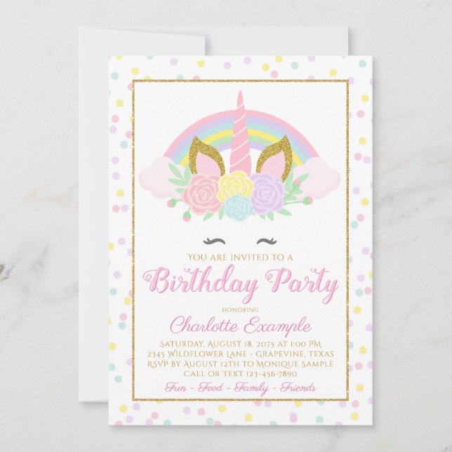 Cute Rainbow Unicorn Invitations de fête d'anniver (Devant)
