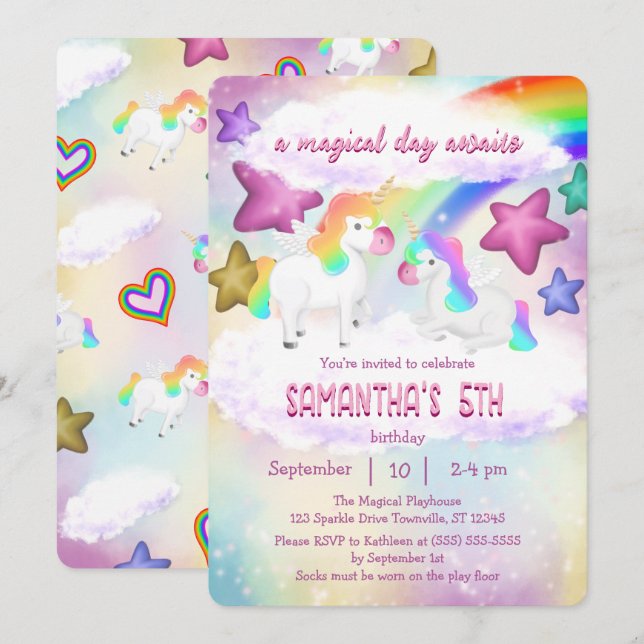 Cute Rainbow Unicorn Pastel Invitation d'anniversa (Devant / Derrière)