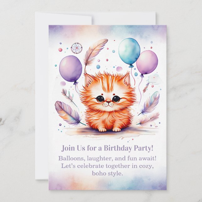 Cute Red Kitten Birthday Invitation Pastel Boho  (Devant)