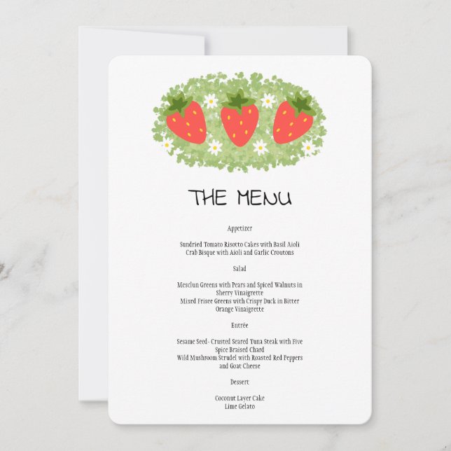 Cute Red Strawberry Leafy Mariage Menu Invitation (Devant)
