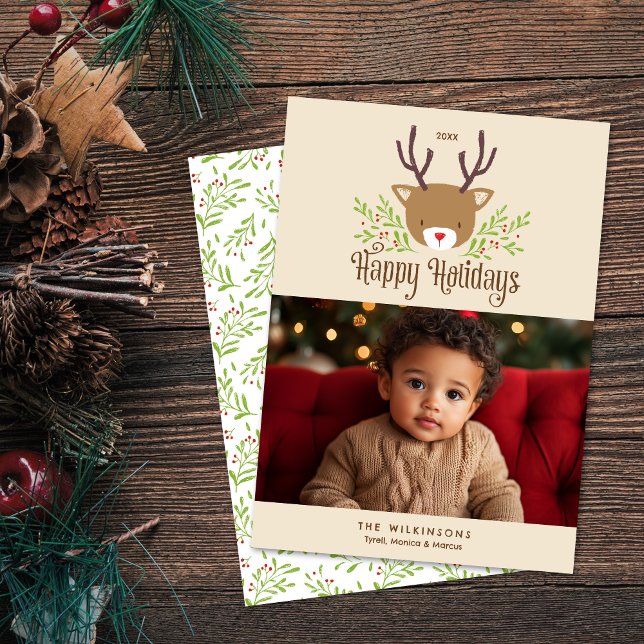 Cute Reindeer Neutral Joyeux Carte photo de vacanc (Shown on a 5" x 7" card)