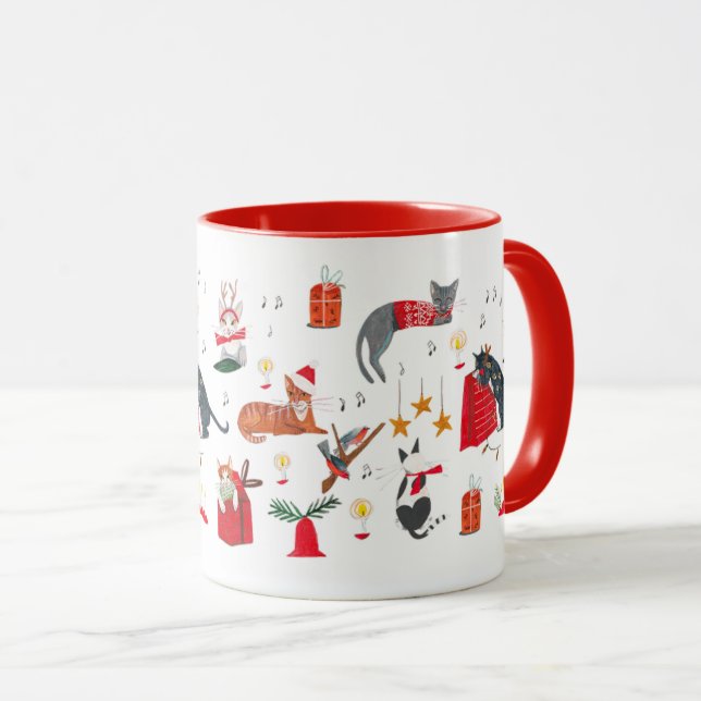 Cute retro cat red christmas pattern mug (Devant droit)