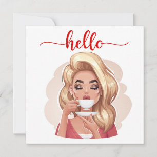 Cute Retro Girl Blonde Flat Hello Card