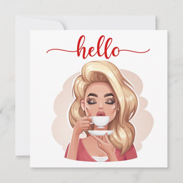 Cute Retro Girl Blonde Flat Hello Card (Devant)