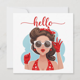 Cute Retro Girl Blue Flat Hello Card
