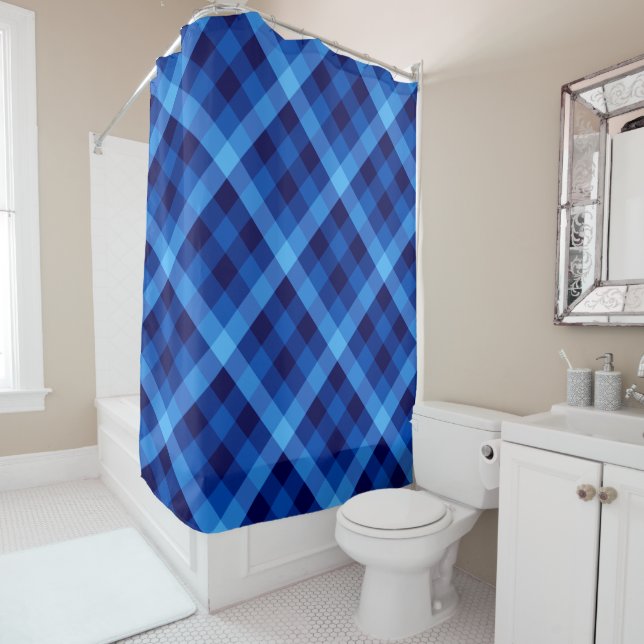 Cute Retro Ocean Blue Plaid Douche rideau (En situation)