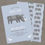Cute Rhinoceros Boy Anniversaire Fête Invitation<br><div class="desc">Un rhinocéros mignon et quelques oiseaux décorent ce safari bleu, une invitation pour un garçon ou une fille de n'importe quel âge pour une fête d'anniversaire neutre pour un genre. Le fond est orné d'un motif de rhinocéros. Personnalisez en changeant le nom et le texte pour convenir à votre célébration....</div>