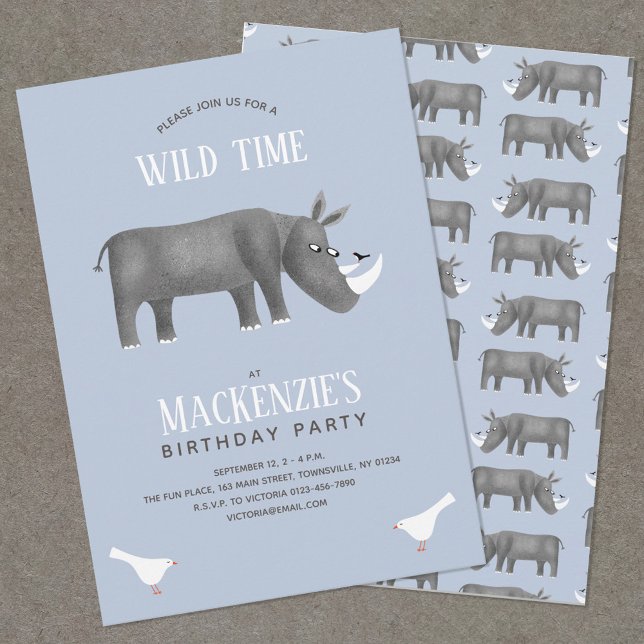 Cute Rhinoceros Boy Anniversaire Fête Invitation (Fun rhino themed kid's birthday party invitation)