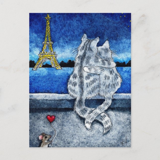 Cute romance Paris Cats Carte postale coeur de la  (Devant)