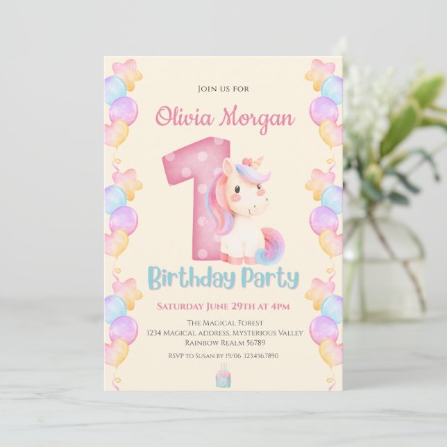Cute Romantic Unicorn 1er anniversaire Invitation (Debout devant)