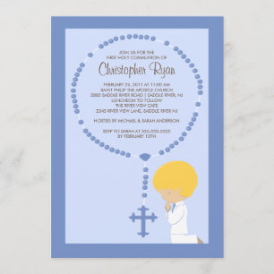 Cute Rosary First Communion Invitation Boy Blue