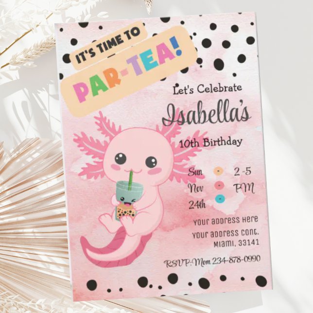 Cute rose Axolotl Boba Thé Anniversaire Invitation (Créateur téléchargé)