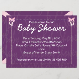 Cute Rose Bow Baby Girl Douche Violet Invitation