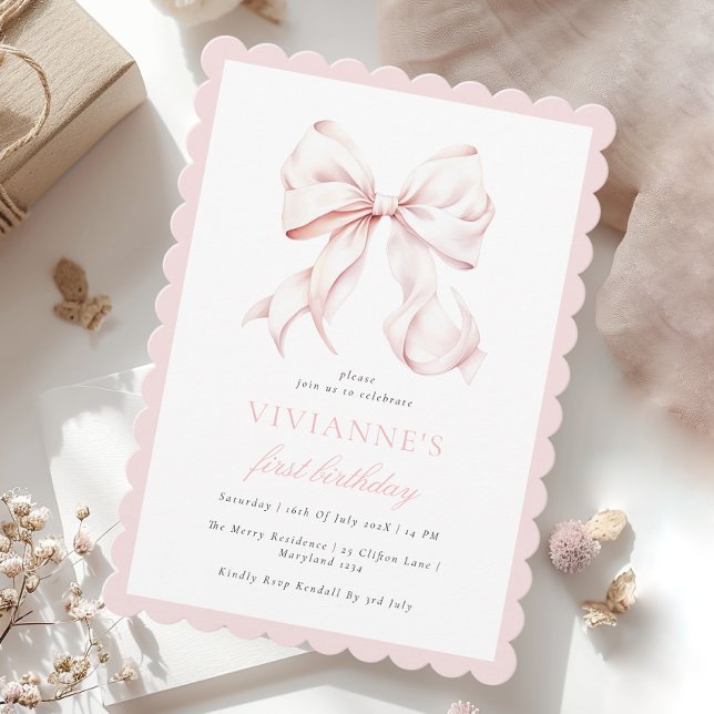 Cute Rose Bow Girl First Birthday Invitation (Créateur téléchargé)