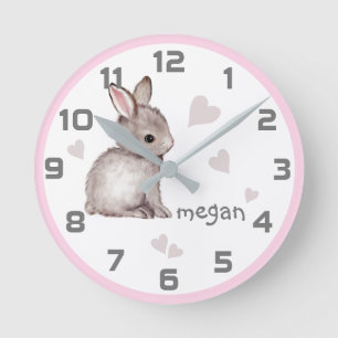 Cute rose Gris Lapin Coeur Mur Horloge