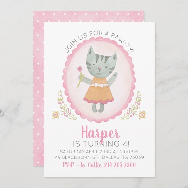 Cute Rose Kitty Chat Fille Anniversaire Invitation (Devant / Derrière)