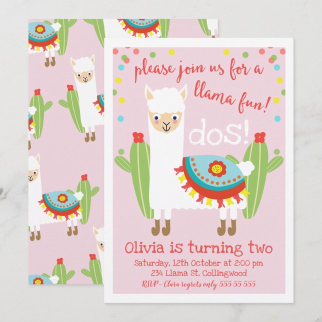 Cute Rose Llama Cactus Invitation Anniversaire (Devant / Derrière)