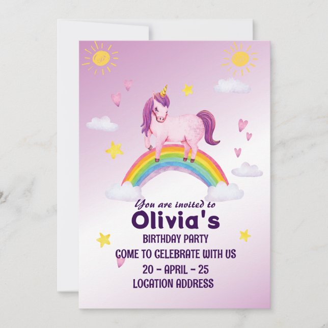 Cute Rose Unicorn Invitation Anniversaire (Devant)