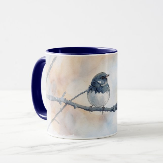 Cute Round Bird Junco on Branch Art Mug Cup (Devant gauche)